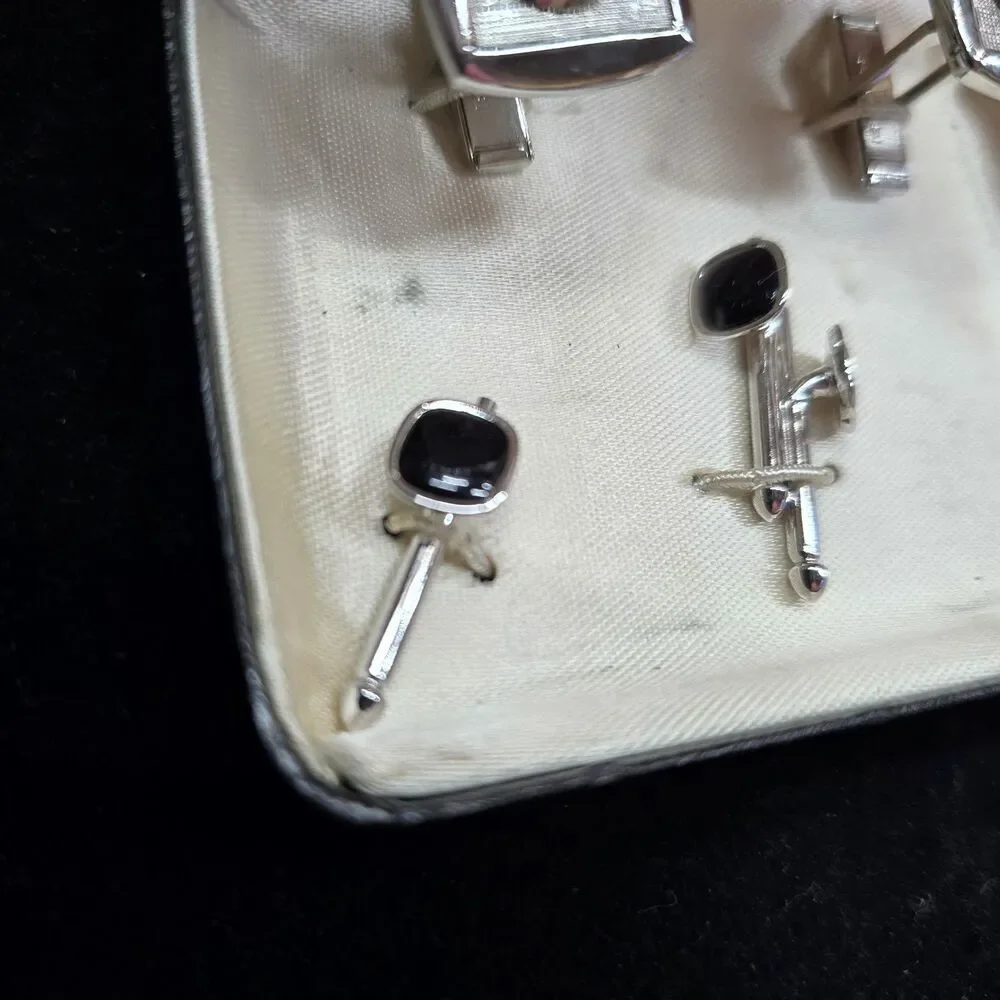 Vintage Chalette 5032 Cufflinks & Studs Silver Black Gray Stone Cowboy Classic